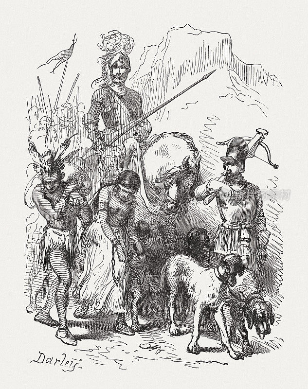 Hernando de Soto与被俘的印第安人在佛罗里达(1539)
